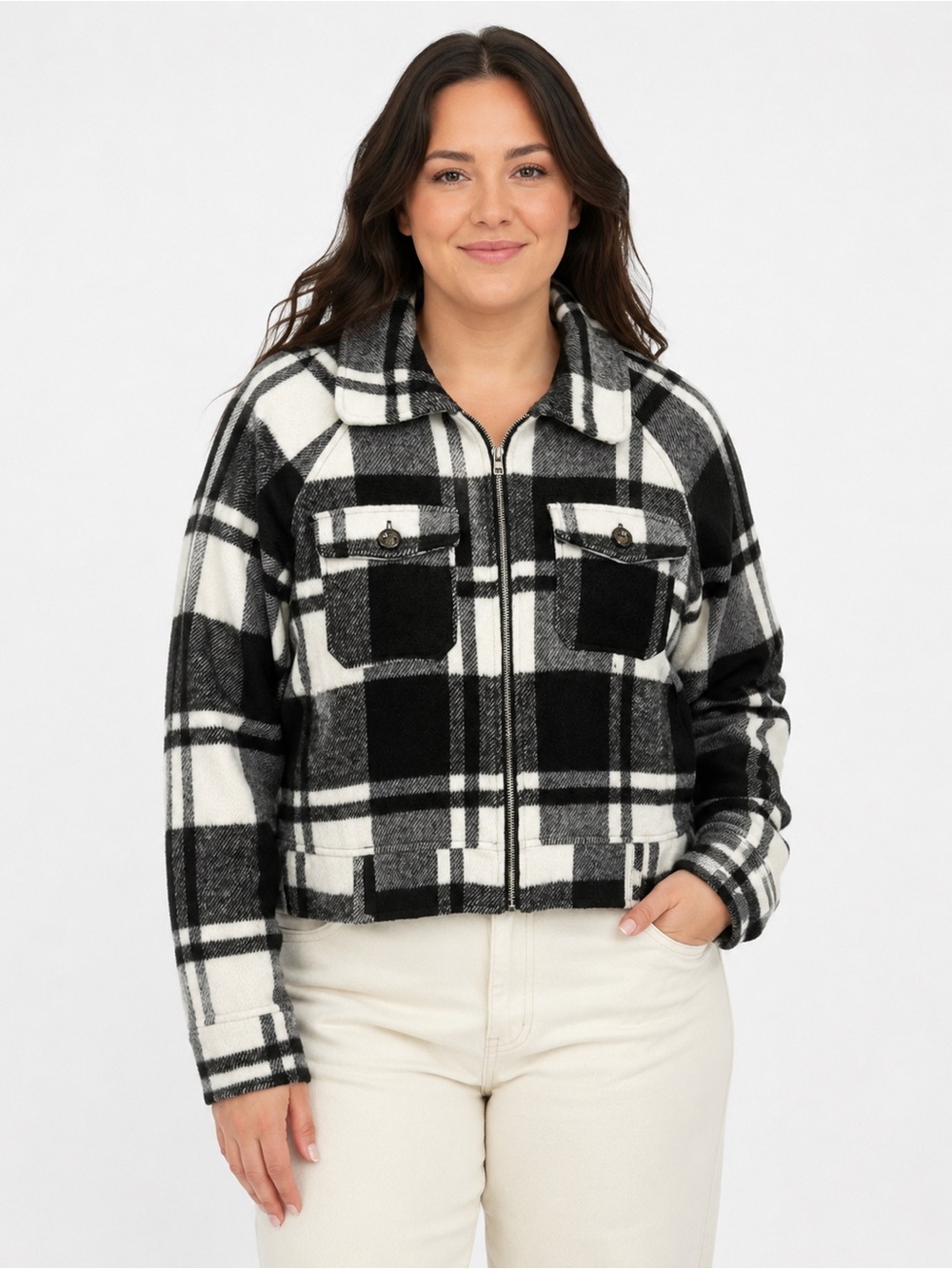 HYFVE Women’s Black White Plaid Cropped Zip Jacket Size Large